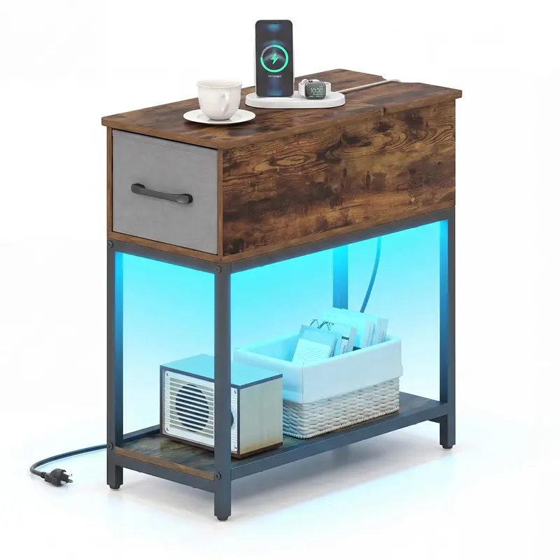 Giantex Industrial Narrow Side Table – Led-Lit End Table With Built-In Charging Station 1