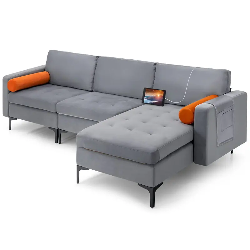Giantex L-Shaped Modular Sectional Sofa, 97" Sleeper With Chaise & Usb Power 1