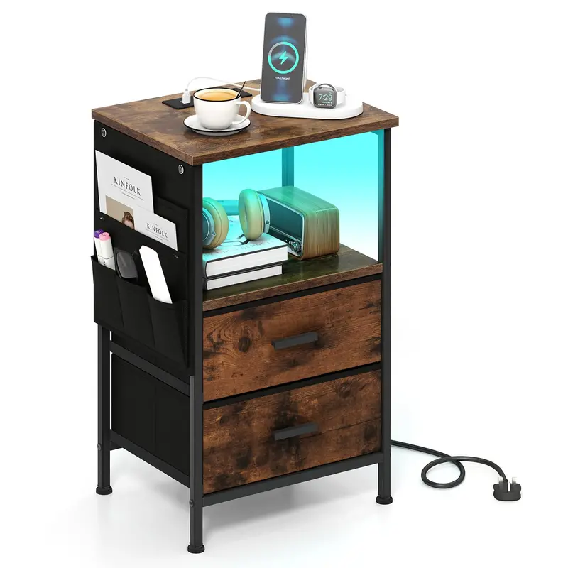 Giantex Led Nightstand With Charging Station – End Table Featuring 2 Fabric-Fold Drawers 1