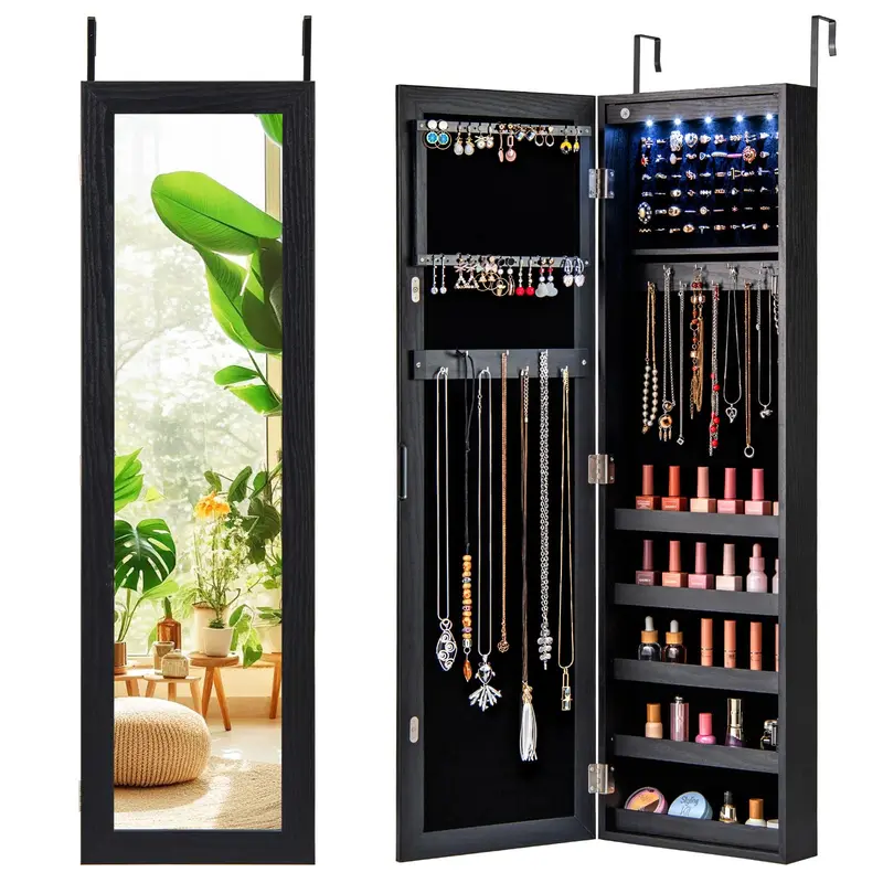Giantex Lighted Wall-Mounted Jewelry Cabinet With Full-Length Mirror 1