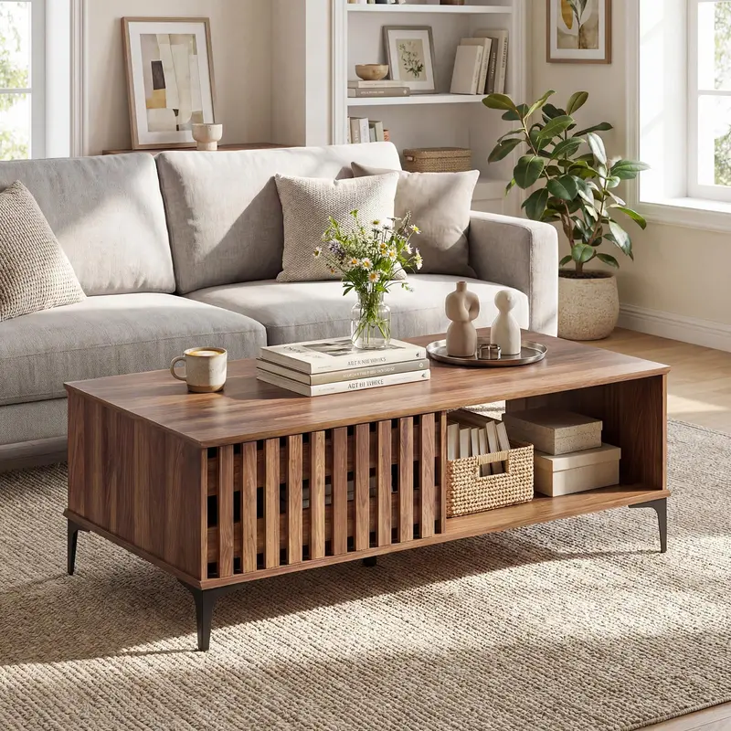 Giantex Mid-Century Wood Coffee Table – 47-Inch Rustic Design With Hidden Storage Compartment 1