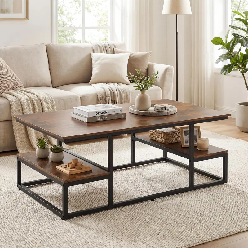 Giantex Modern 43-Inch Rectangular Coffee Table With Hidden Storage And Open Shelving 1