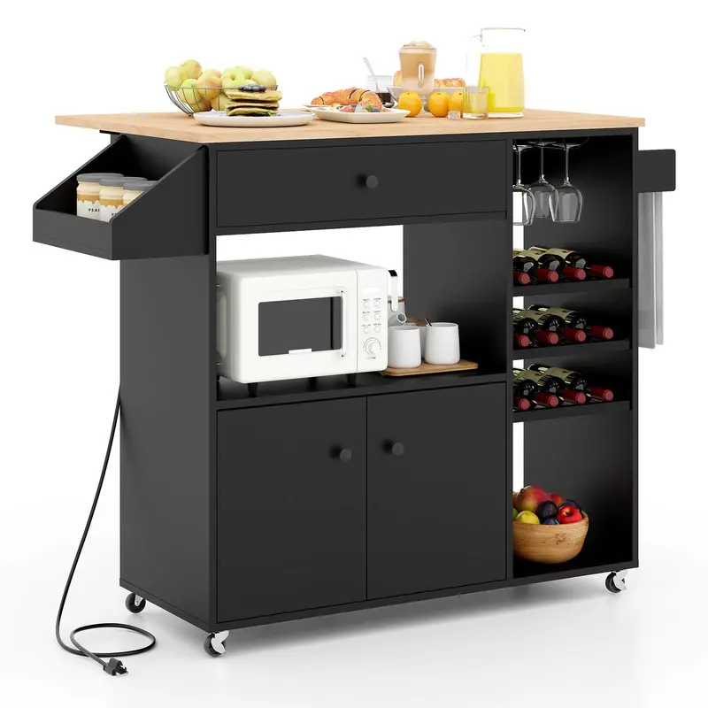 Giantex Multi-Function Rolling Kitchen Island – Drop-Leaf Design With Power Outlet, Spice Rack, And 12-Bottle Wine Storage 1