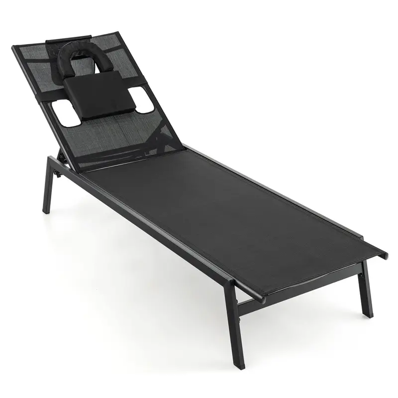 Giantex Outdoor Chaise Lounge – Patio Reclining Chair With Face Hole, Detachable Headrest, And Sleek Black Finish 1