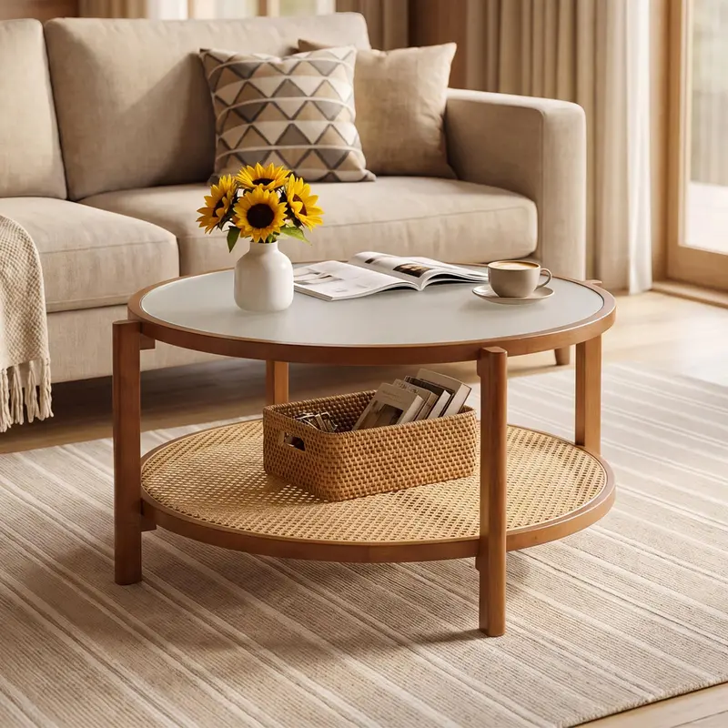 Giantex Rattan Farmhouse Center Table – 35-Inch Glass-Top Living Room Table With Hidden Storage 1