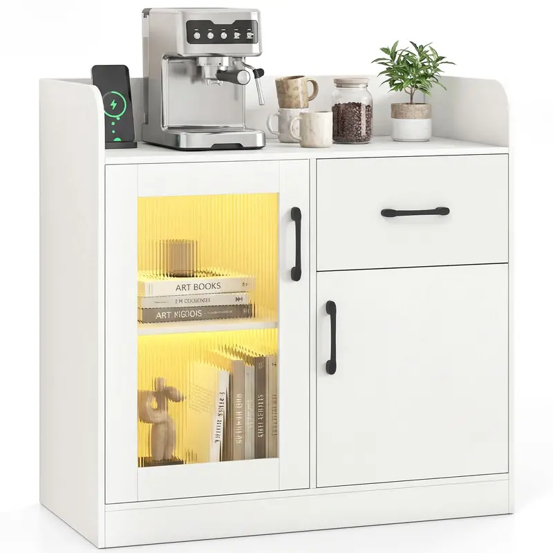 Giantex Rgb Led Buffet Cabinet – White Kitchen Sideboard With Usb Charging Station 1