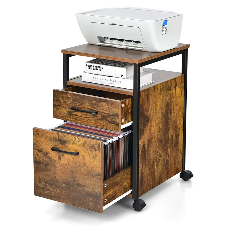 Giantex Rolling 2-Drawer File Cabinet – Rustic Brown Under-Desk Printer Stand With Casters 1