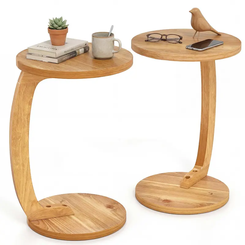 Giantex Round C-Shaped Teak Side Table – 24-Inch Solid Wood Accent Table (Single Or Pair) 2