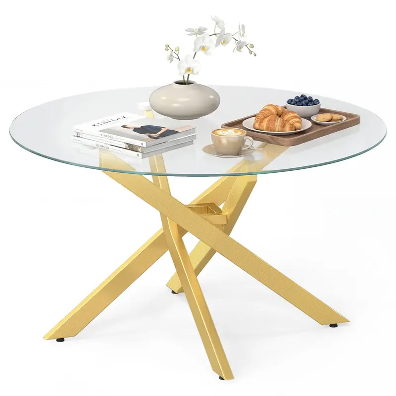 Giantex Round Glass Coffee Table — 31.5" Tempered Top With Geometric Metal Frame 1