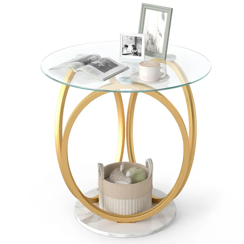 Giantex Round Side Table With Faux Marble Base And Tempered Glass Top 1