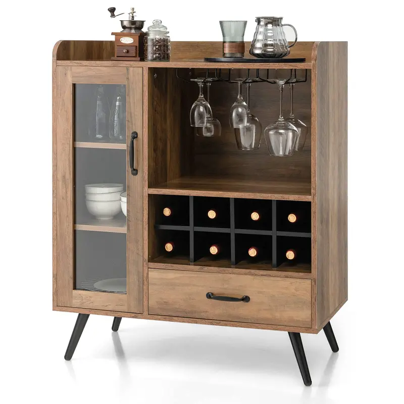 Giantex Rustic Brown & Black Buffet Sideboard: 8-Bottle Wine Cabinet With Tempered Glass Doors 1
