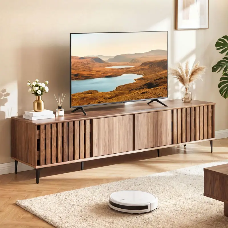 Giantex Slatted 4-Door Tv Stand For Large 80-Inch Tvs – Living Room Or Bedroom Media Console 1