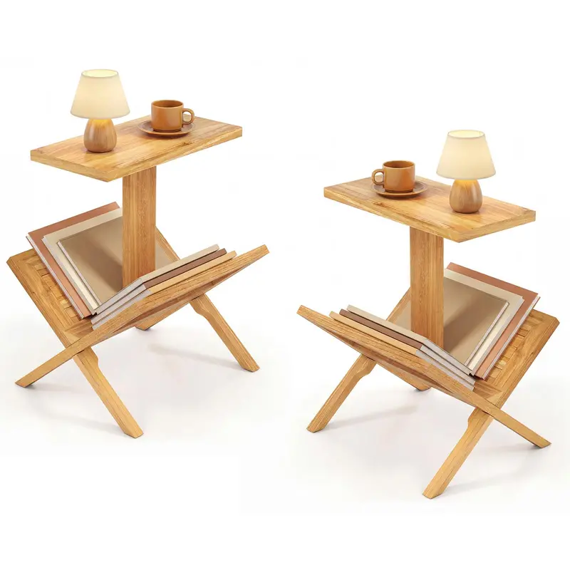 Giantex Teak Nesting Side Tables – 2-Tier Sofa End Tables In Solid Wood (Set Of 1 Or 2) 2