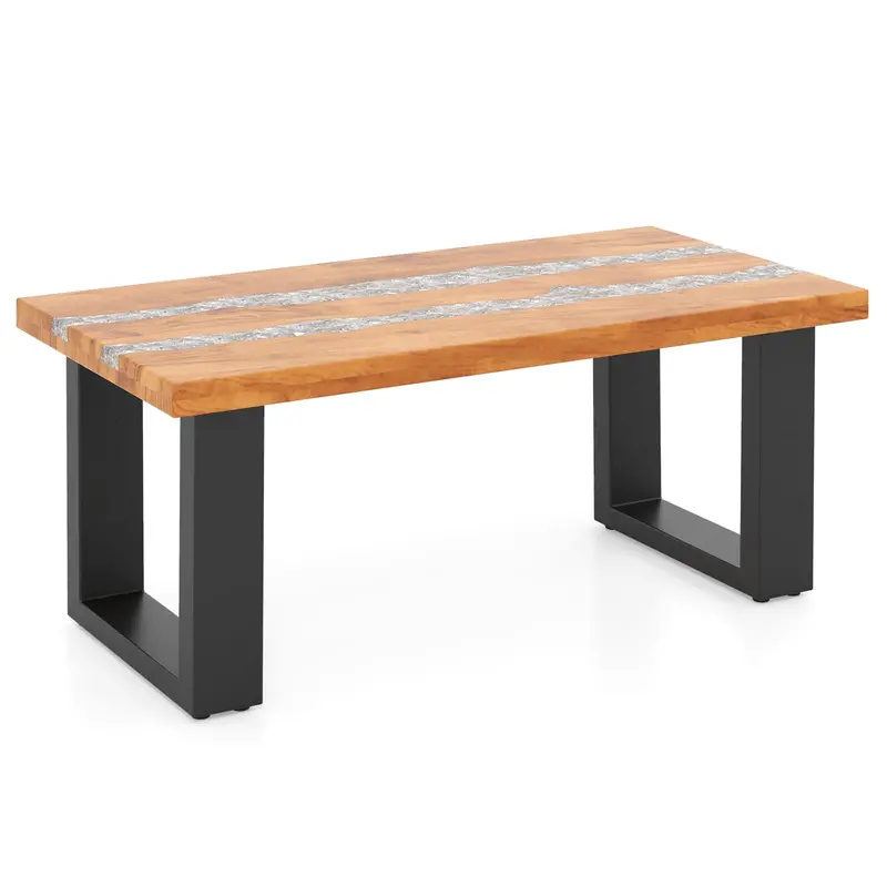 Giantex Teak Resin Coffee Table – Rectangular Outdoor Side Table With River-Epoxy Top 1