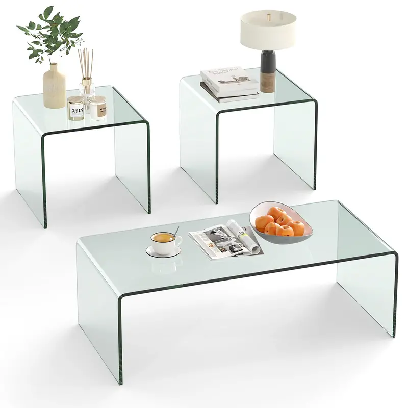 Giantex Tempered Glass Coffee Table Set Of 3 – Pre-Assembled Rounded Edges For Safety 1