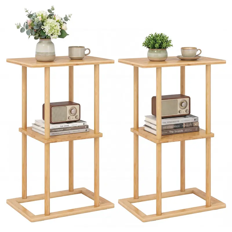 Giantex Two-Tier Bamboo Side Tables Set Of 2 With Built-In Shelving 1