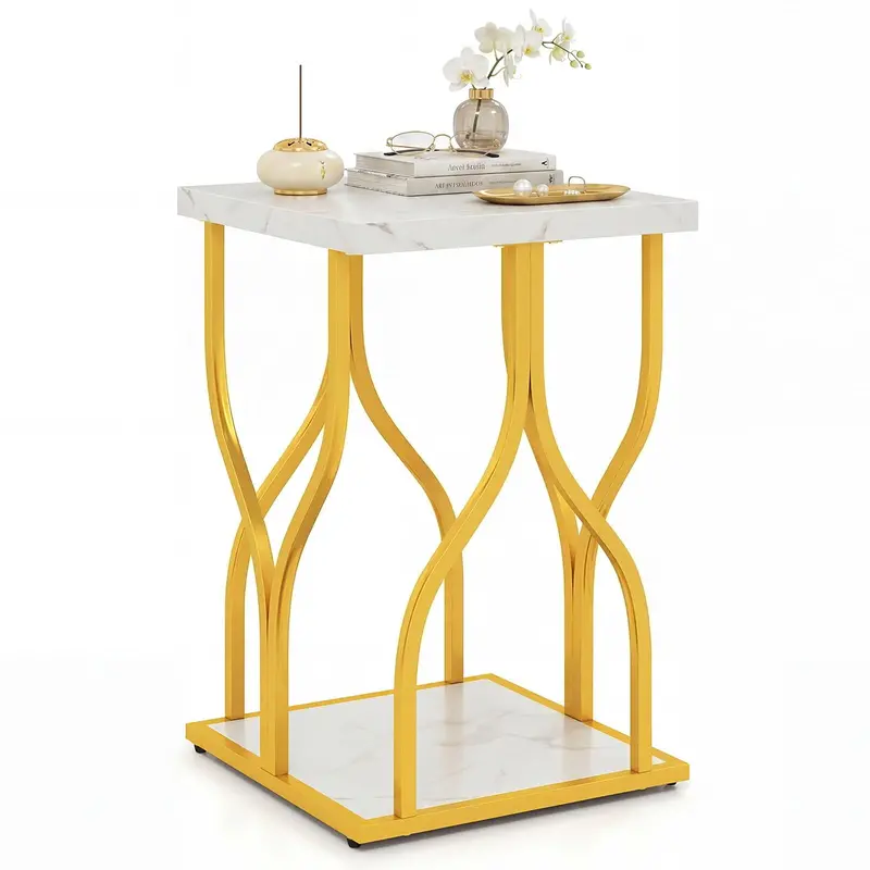 Giantex Two-Tier End Table With Geometric Gold Metal Frame And Lower Shelf 1