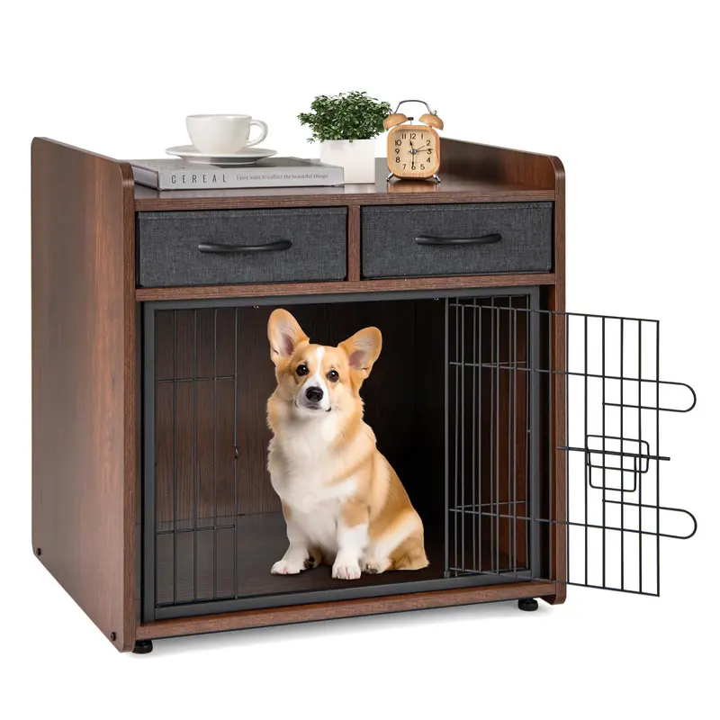 Giantex Wooden Dog Crate End Table – Stylish Pet Enclosure With Hidden Storage Drawers 1