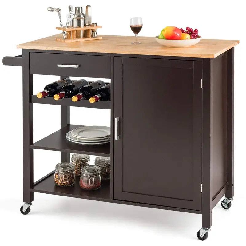 Giantex Wooden Rolling Kitchen Serving Cart – Brown Trolley With Wheels 1