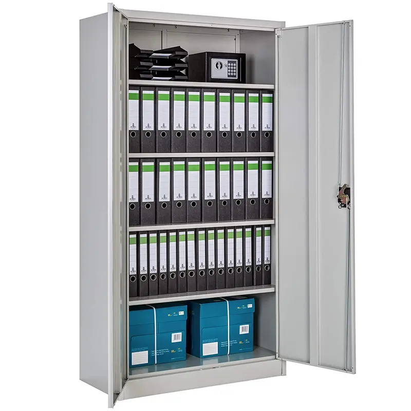 Grey Dual-Door Filing Cabinet With Compartmentalized Interior 2
