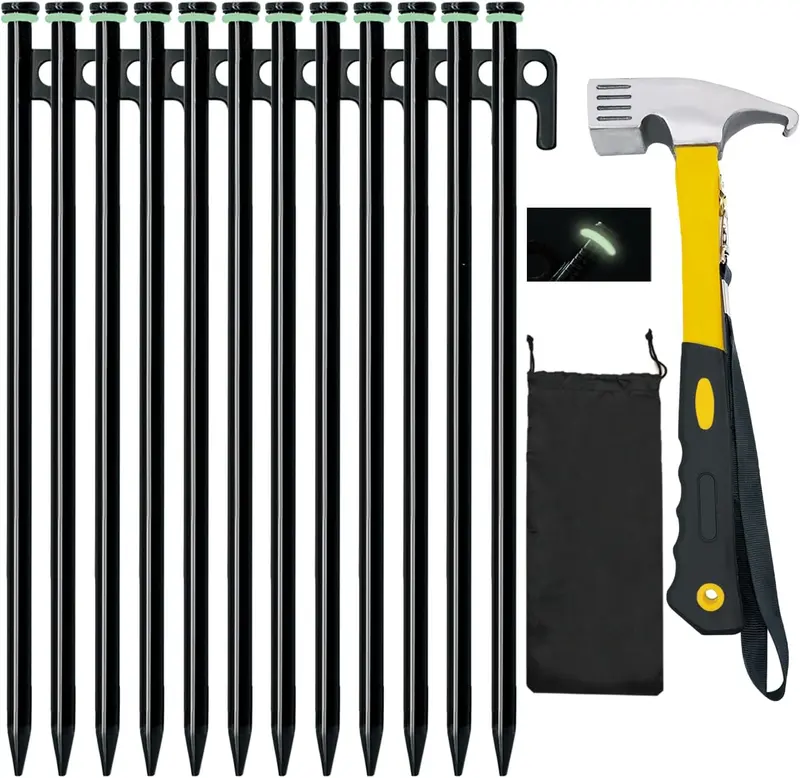 Heavy-Duty Tent Stake Kit – 8/12/16-Pack Forged Steel Stakes (8–16 In) + 10-Inch Hammer & Carry Pouch For Rocky Or Challenging Terrain 1