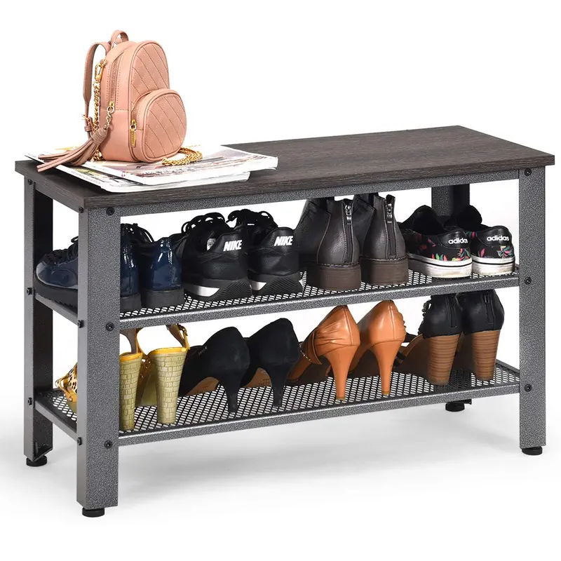 Industrial 3-Tier Shoe Bench With Mesh Shelving And Storage 1