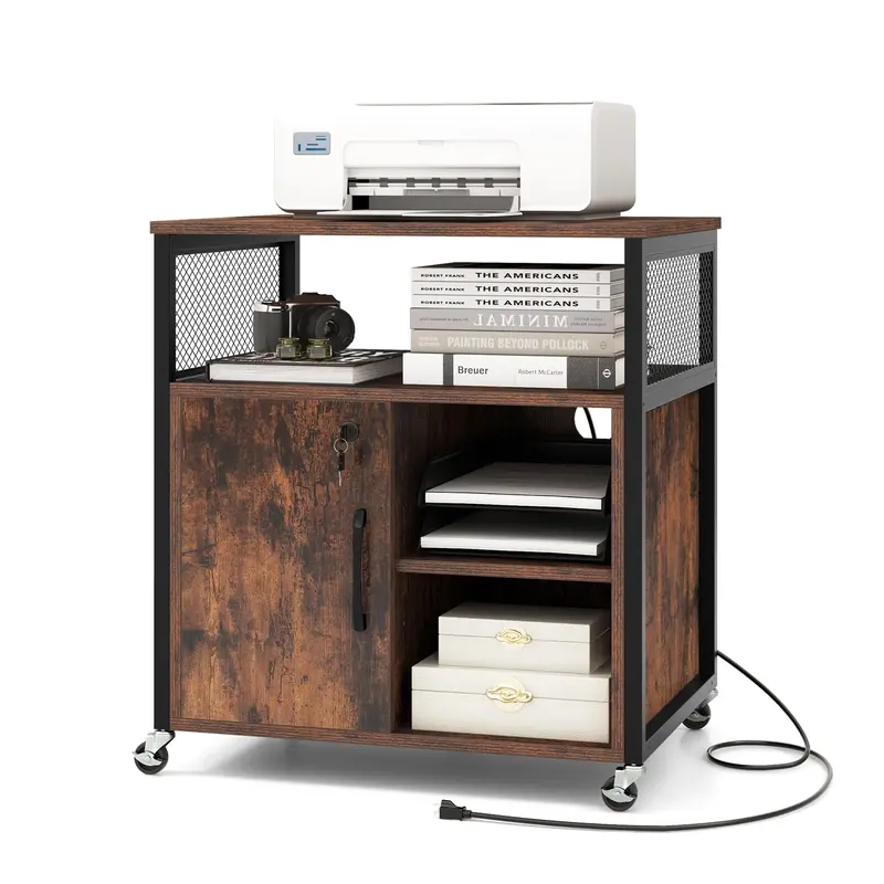 Lateral File Cabinet With Locking Drawer – Mobile Office Filing Unit Featuring Charging Station & Cable Management 1