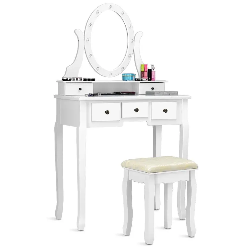 Led-Lighted White Vanity Dressing Table Set With Padded Stool 1