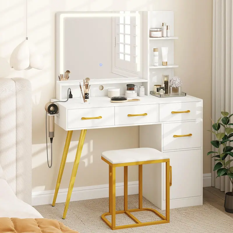 Led-Lit Vanity Desk With Adjustable Mirror For Bedroom Use 1