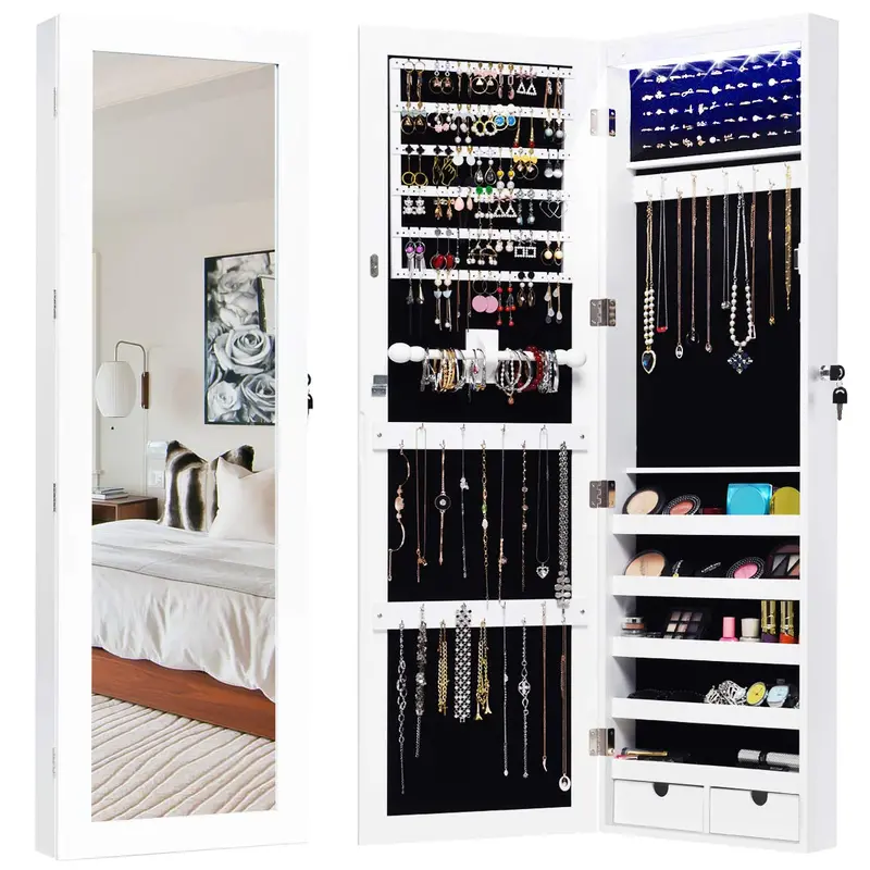 Led-Lit Wall-Mount Jewelry Armoire – Giantex Lockable Hanging Cabinet With 15 Lights 1
