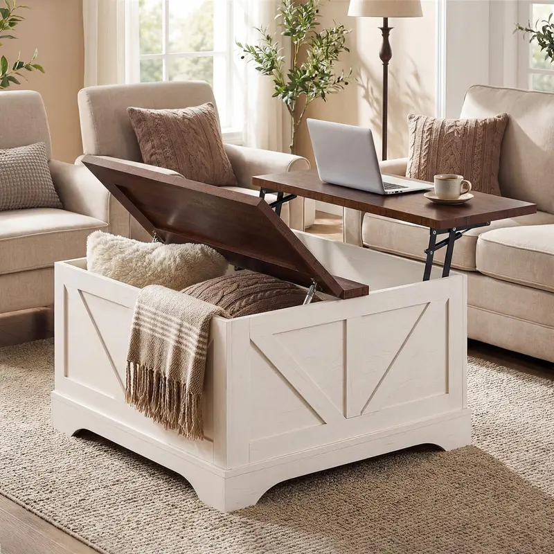 Lift-Top Farmhouse Coffee Table With Hidden Storage – 31.5" Square Design 1