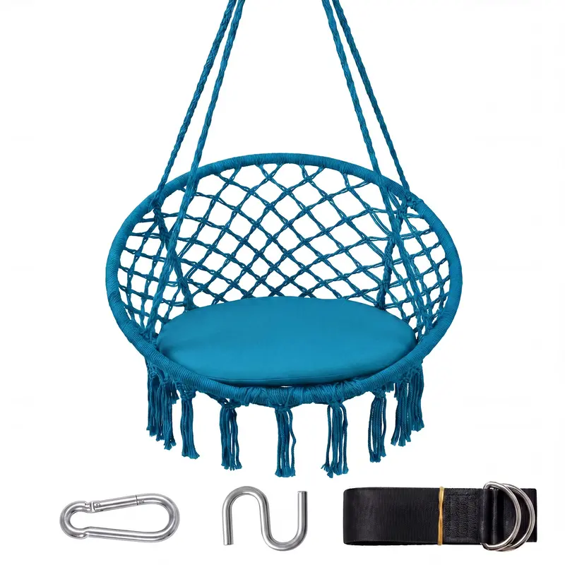 Macramé Hammock Chair With Padded Round Seat And Complete Hanging Hardware Kit 1