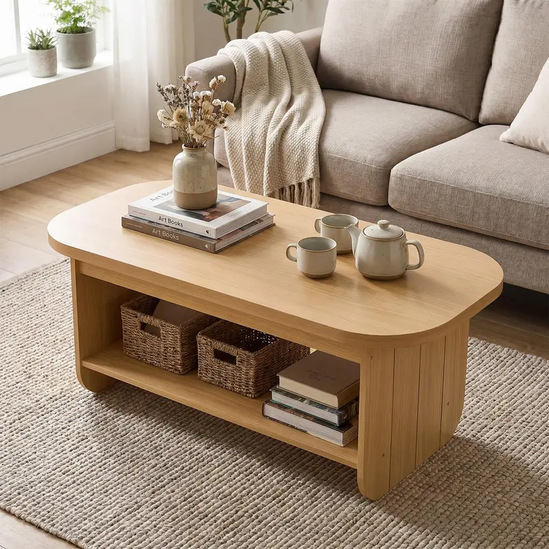 Mid-Century Oval Coffee Table – 47-Inch Design With Rounded Edges And Lower Storage Shelf 1