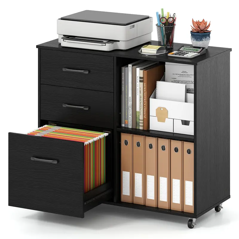 Mobile File Cabinet With Three Drawers And Open Shelving For Office Organization 1