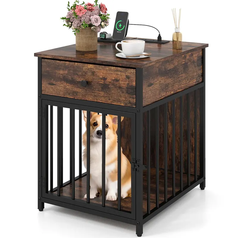 Modern Dog Crate End Table With Built-In Charging Station 1