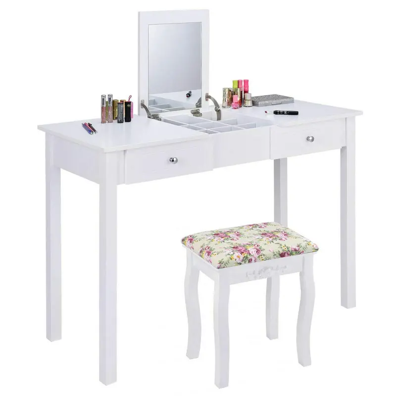 Modern Makeup Vanity Desk With Lighted Mirror And Padded Stool – Compact Bedroom Dressing Table 1