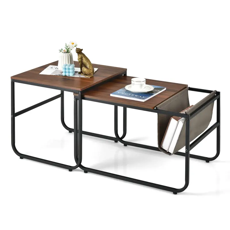 Nesting Coffee Table Duo – Stackable Side Tables With Convenient Side Pockets 1