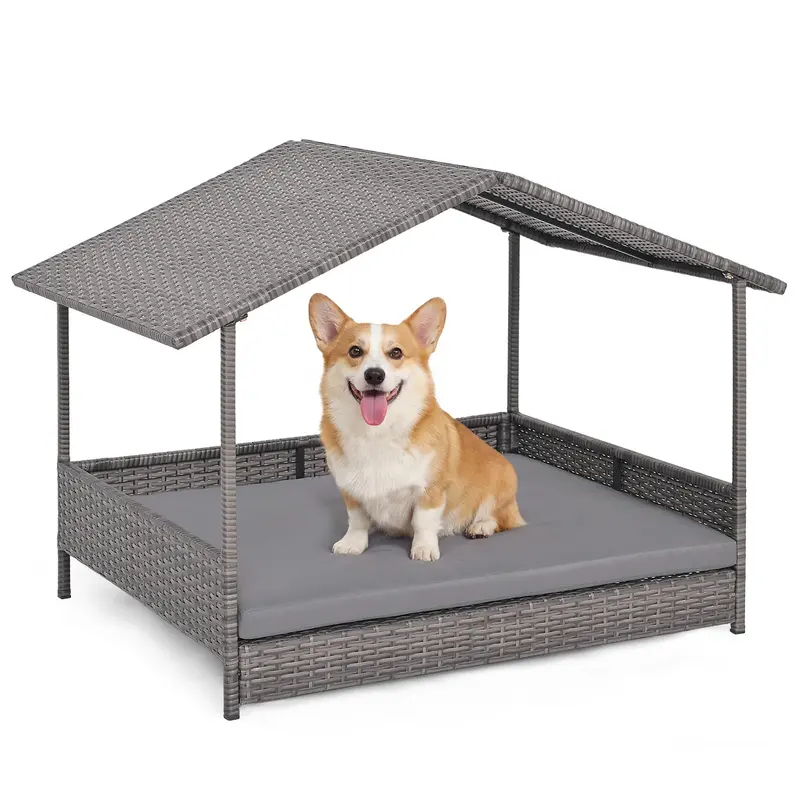 Outdoor Rattan Dog House With Canopy Roof & Washable Cushion – Giantex 1