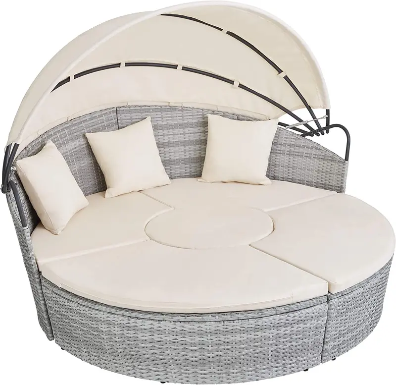 Rattan Sun Island Lounge With Retractable Shade Canopy For Patios And Gardens 3