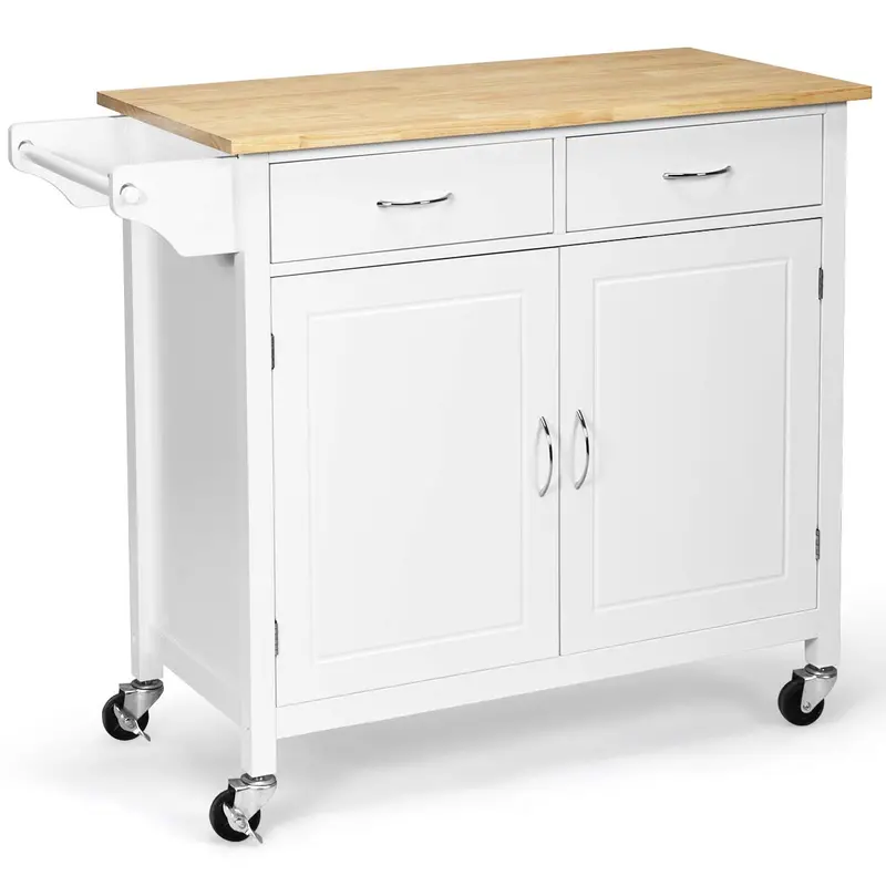 Rolling White Kitchen Island Cart With Solid Wood Countertop And Bar-Style Storage 1