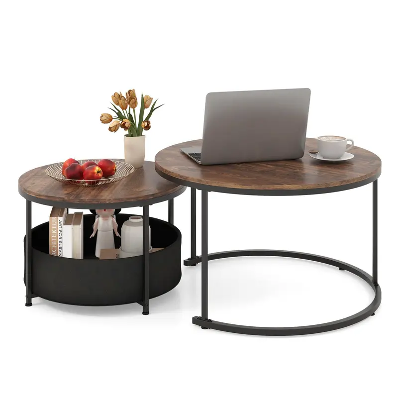 Round 31.5-Inch Coffee Table With Removable Fabric Basket & Metal Base – Giantex 1