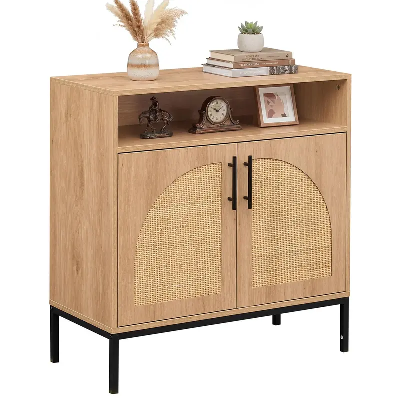 Rustic Sideboard Buffet Cabinet – 32-Inch Wide With Natural Rattan Accent Doors 1