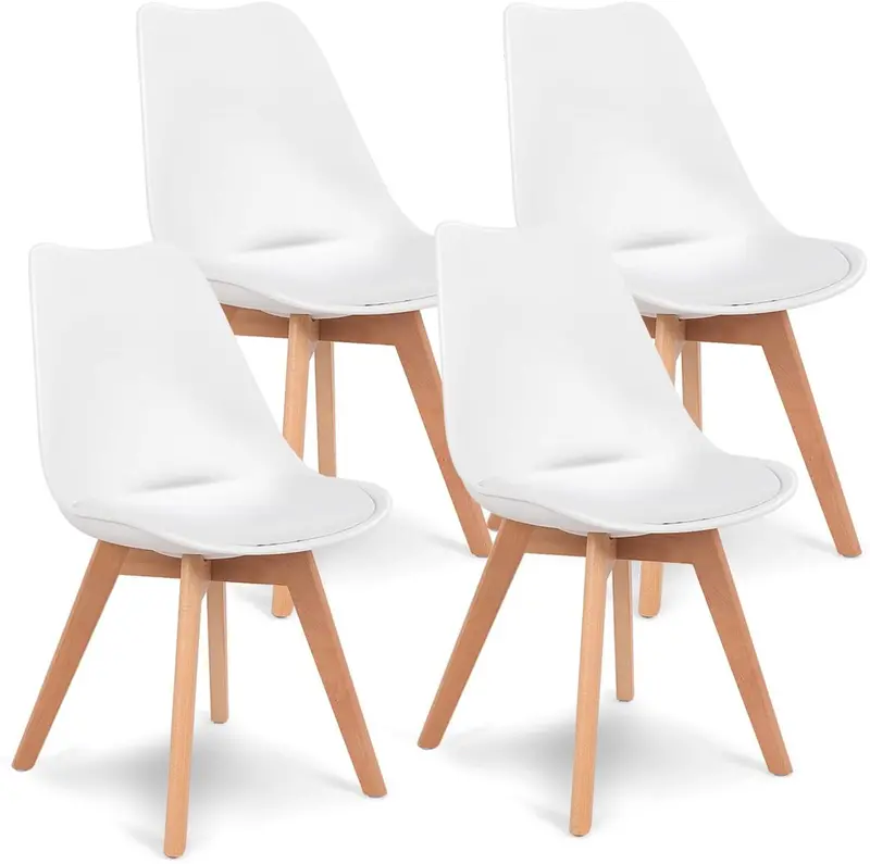 Set Of 4 Mid-Century Dining Chairs – White Upholstered Seats With Solid Wood Legs 1