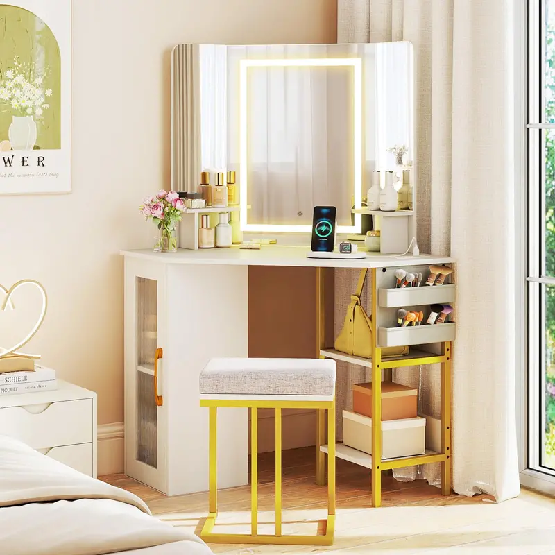 Space-Saving Corner Vanity Desk With Tri-Fold Lighted Mirror And Matching Stool 1