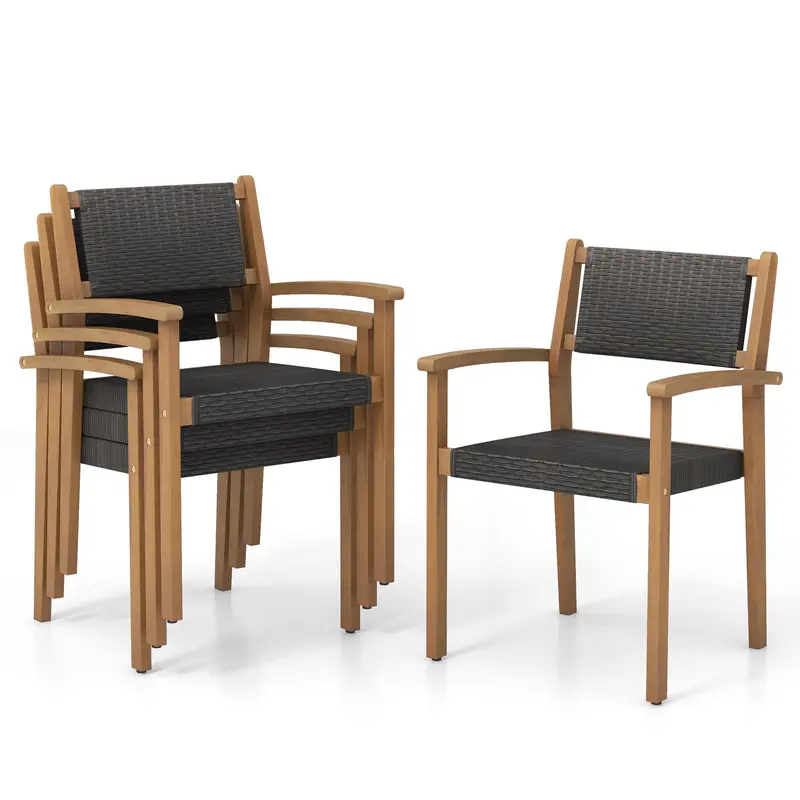 Stackable Wicker Dining Chairs – Outdoor Rattan Armchairs With Acacia Wood Frames 1