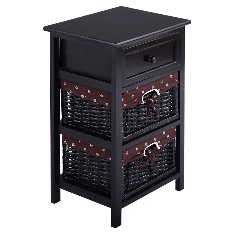 Three-Tier Bedside Organizer With Two Woven Baskets And One Drawer 1