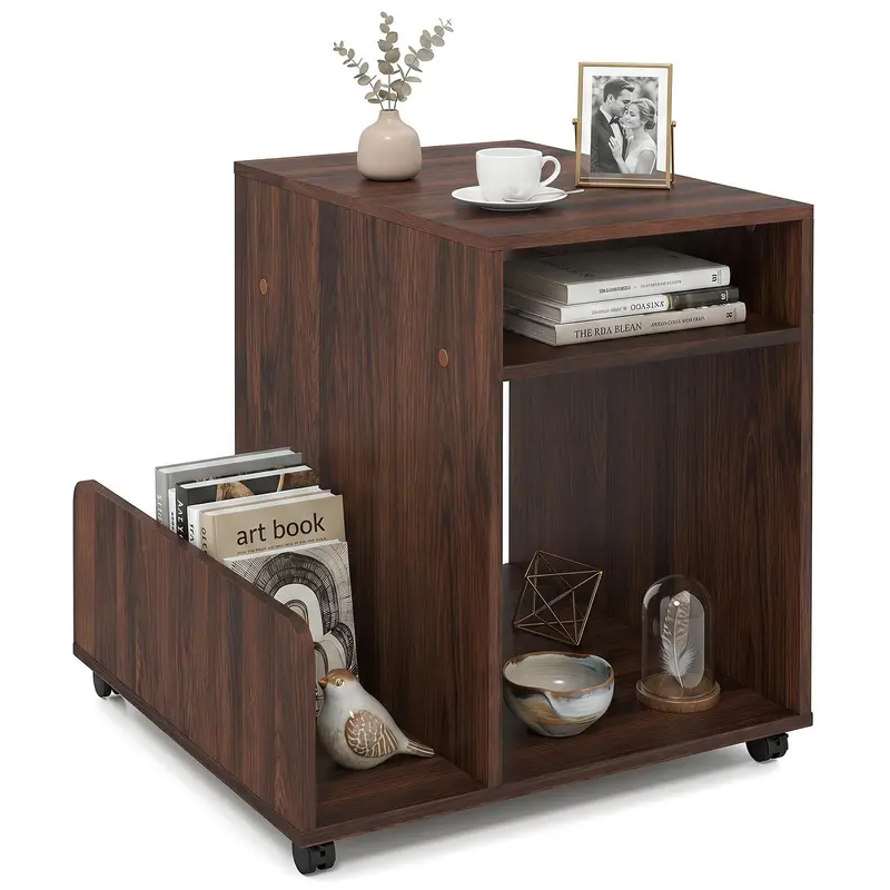 Three-Tier Rolling End Table With Magazine Rack And Open Shelving 1