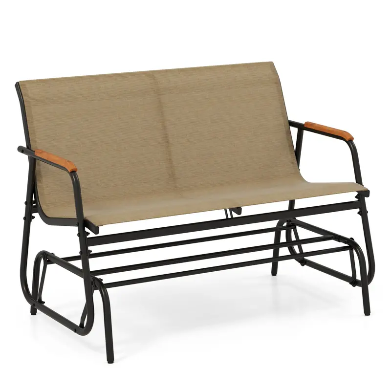 Two-Person Gliding Swing Loveseat – Teak-Curved Armrests & All-Weather Frame 1
