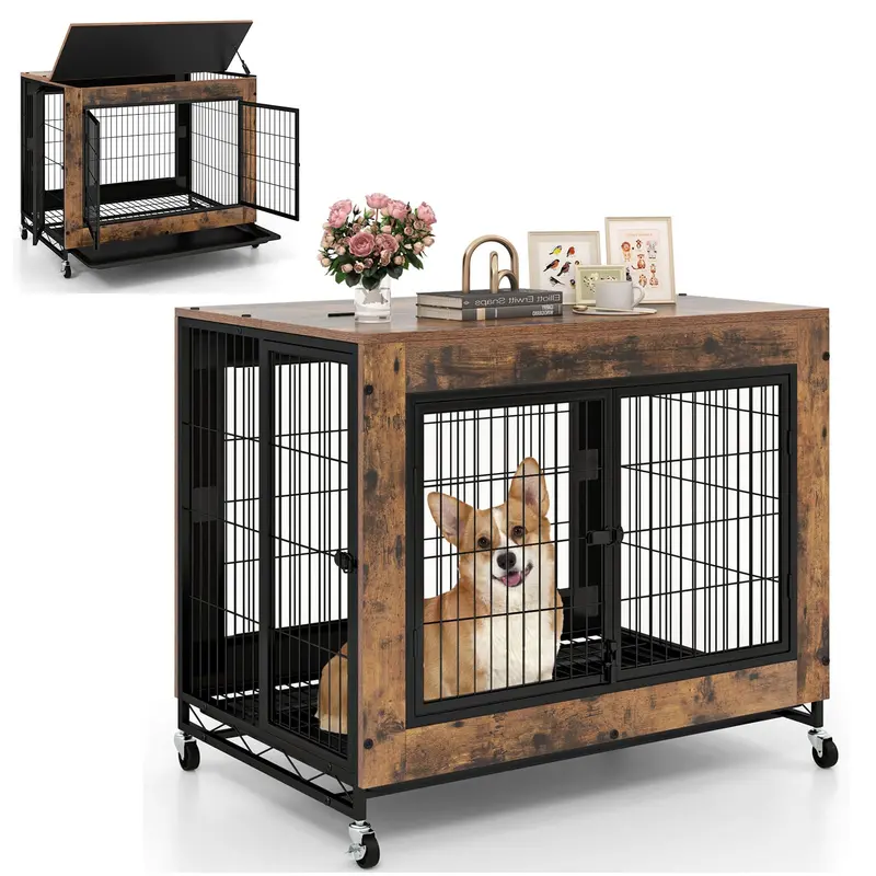 Wheeled Dog Crate Cabinet With Stylish Storage And Pet-Friendly Design 1