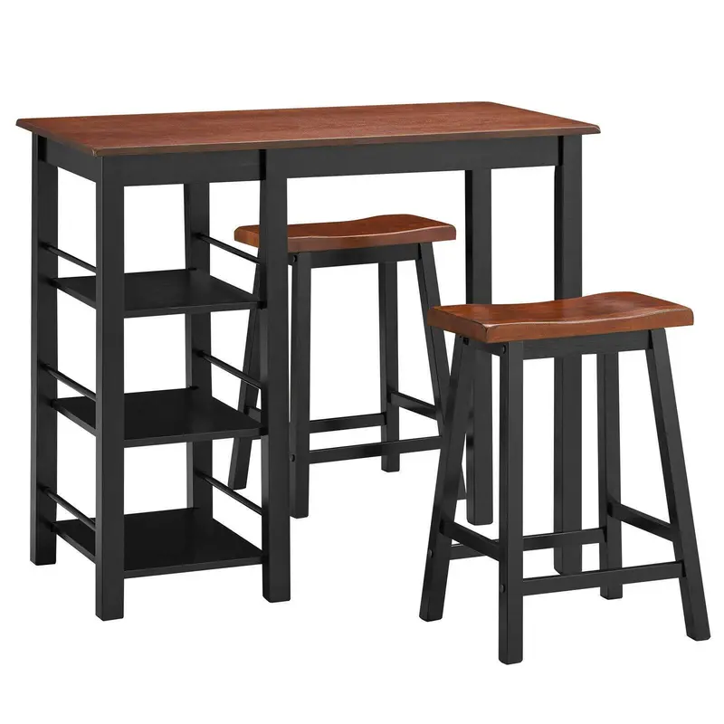 Wooden Counter-Height Dining Set: 3-Piece Table And Chair Combo With 3-Tier Storage Shelves 1